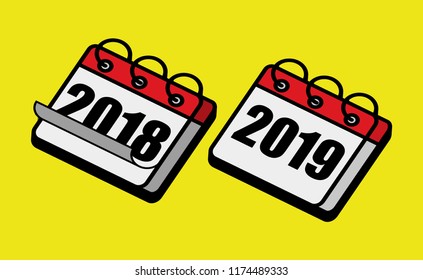 Happy New Year 2019 and say good bye year 2018 concept: White and red flat icon design year 2018 and 2019 isolated on yellow background. Cute and colorful icon
