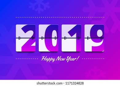 Happy New Year 2019 scoreboard vector illustration. Mechanical clock on digits board panel in flat style. Design for greeting card, poster or web pages for 2019 year celebrating. 