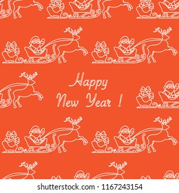 Happy New Year 2019 seamless pattern. Vector illustration Santa Claus with gifts in sleighs with reindeers. Design for print.