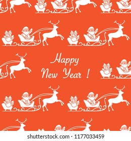 Happy New Year 2019 seamless pattern. Vector illustration Santa Claus with gifts in sleighs with reindeers. Design for print.