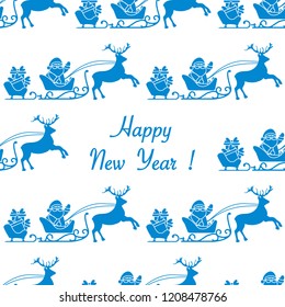 Happy New Year 2019 seamless pattern. Vector illustration Santa Claus with gifts in sleighs with reindeers. Design for print.