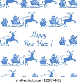 Happy New Year 2019 seamless pattern. Vector illustration Santa Claus with gifts in sleighs with reindeers. Design for print.