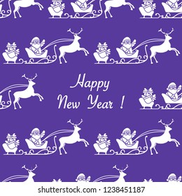 Happy New Year 2019 seamless pattern. Vector illustration Santa Claus with gifts in sleighs with reindeers. Design for print.