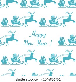 Happy New Year 2019 seamless pattern. Vector illustration Santa Claus with gifts in sleighs with reindeers. Design for print.