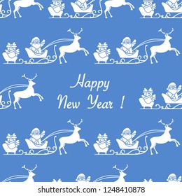 Happy New Year 2019 seamless pattern. Vector illustration Santa Claus with gifts in sleighs with reindeers. Design for print.