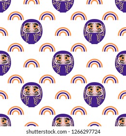 Happy New Year 2019 seamless pattern with daruma - Japanese traditional doll.  Roly-poly toy vector illustration. The annual new year's ritual of making a wish.