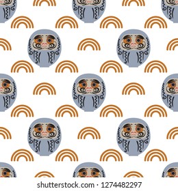 Happy New Year 2019 seamless pattern with daruma - Japanese traditional doll.  Roly-poly toy vector illustration. The annual new year's ritual of making a wish.