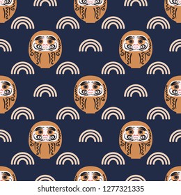 Happy New Year 2019 seamless pattern with daruma - Japanese traditional doll.  Roly-poly toy vector illustration. The annual new year's ritual of making a wish.