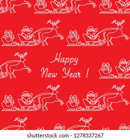 Happy New Year 2019 seamless pattern. Vector illustration Santa Claus with gifts in sleighs with reindeers. Design for print.