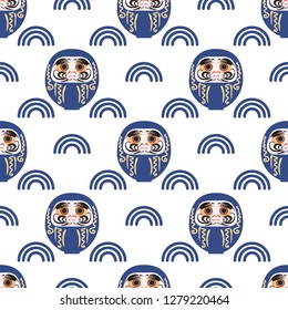 Happy New Year 2019 seamless pattern with daruma - Japanese traditional doll.  Roly-poly toy vector illustration. The annual new year's ritual of making a wish.