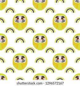 Happy New Year 2019 seamless pattern with daruma - Japanese traditional doll.  Roly-poly toy vector illustration. The annual new year's ritual of making a wish.