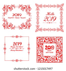 Happy new year 2019! Set of Vintage Christmas and New Year frames. Celebration background with snowflake and place for your text. Big Collection design elements isolated on White  background. Vector