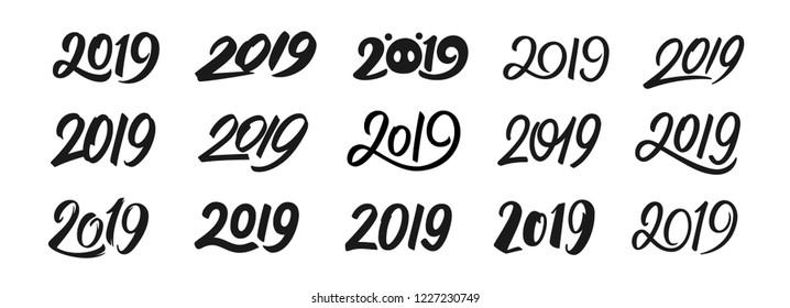 Happy New Year 2019. Set of calligraphy numbers for Chinese Year of the Pig. Text design patterns collection isolated on white background. Vector illustration.