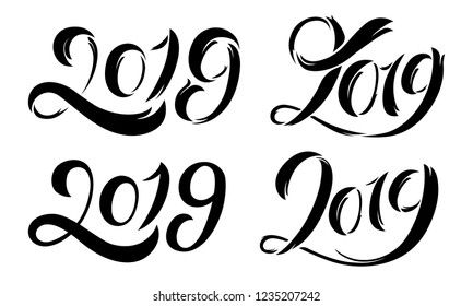 Happy New Year 2019. Set of calligraphy numbers for Chinese Year of the Pig. Text design patterns collection isolated on white background. Vector illustration.