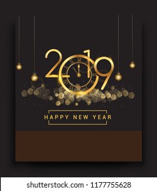 Happy New Year 2019 - New Year Shining background with gold clock