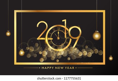 Happy New Year 2019 - New Year Shining background with gold clock and glitter.