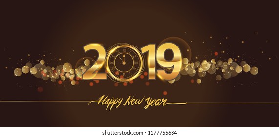 Happy New Year 2019 - New Year Shining background with gold clock and glitter.