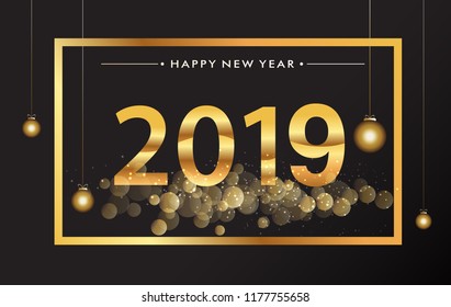 Happy New Year 2019 - New Year Shining background with gold clock and glitter.