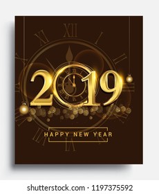 Happy New Year 2019 - New Year Shining background with gold clock and glitter.