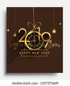 Happy New Year 2019 - New Year Shining background with gold clock and glitter.