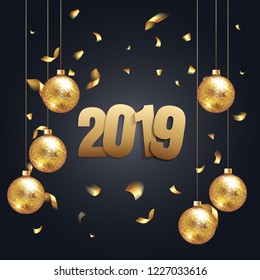 Happy New Year 2019 - New Year Shining background with gold christmass ball and glitter confetti. Vector winter holiday greeting card design template celebration party. Vecor illustration