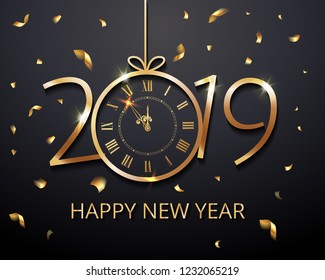 Happy New Year 2019 - New Year Shining luxury premium background with gold clock and  glitter confetti decoration. Time twelve o'clock. Vector winter holiday greeting card design template celebration