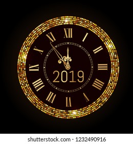Happy New Year 2019 - New Year Shining luxury premium background with gold clock and  glitter confetti decoration. Time twelve o'clock. Vector winter holiday greeting card design template celebration