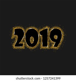 Happy New Year 2019 - New Year Shining Golden Digits And Glitter Isolated On A Black Background. Unique Pattern Design For Happy New Year Card Design, Brochures, Web, Printed Materials, Logos