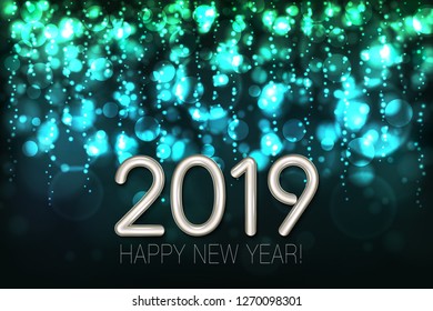 Happy New Year 2019 shining background with turquoise glitter and confetti. Vector