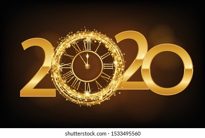 Happy New Year 2019 - New Year Shining background with gold clock and glitter. Vector ilustration - Shutterstock ID 1533495560