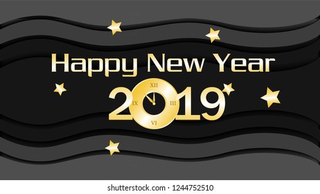 Happy new year 2019 shiny golden text. New year text greeting with golden star decoration, isolated on black paper style background illustration. Can use for banner, poster, wallpaper, background