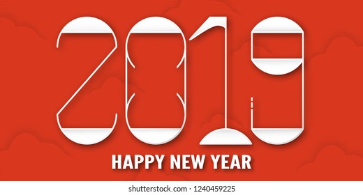 Happy New Year 2019 with shodow of cloud on red background. Vector illustration with calligraphy design of number in paper cut and digital craft.