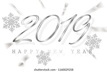 Happy New Year 2019. Silver numbers with ribbons and confetti on a white background. Vector illustration.