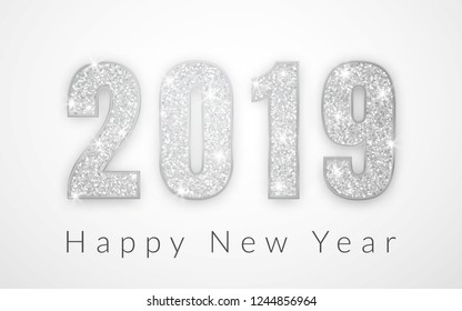 Happy New Year 2019, silver numbers design of greeting card, Vector illustration.