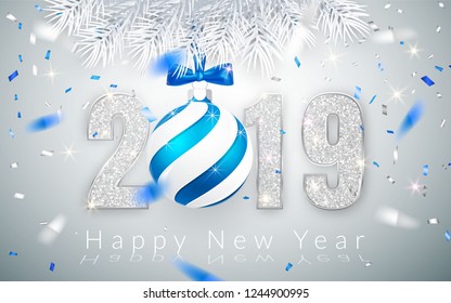 Happy New Year 2019, silver numbers design of greeting card,  falling shiny confetti, Xmas ball with blue bow, Vector illustration.