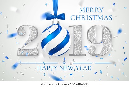 Happy New Year 2019, silver numbers design of greeting card,  falling shiny confetti, Xmas ball with blue bow, Vector illustration.