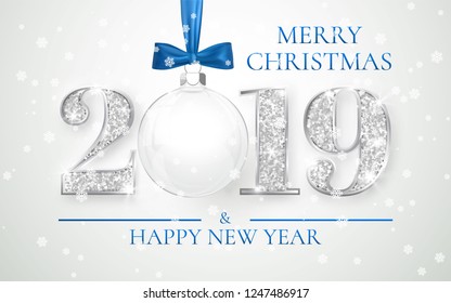 Happy New Year 2019, silver numbers design of greeting card, Xmas ball with blue bow, Vector illustration.