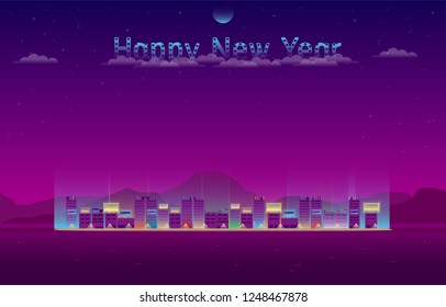 happy new year 2019 small city neon lighting vector illustration eps10