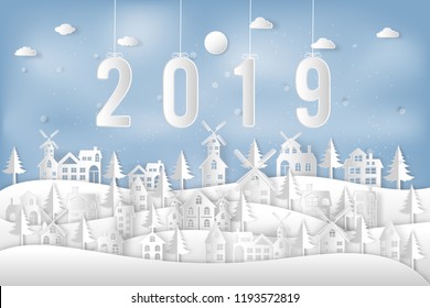 Happy new year 2019 in the snow village in the winter background as holiday , x'mas and merry christmas day concept. vector illustration.