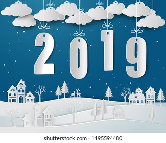 Happy new year 2019 with snow urban countryside in winter season,paper art and craft design