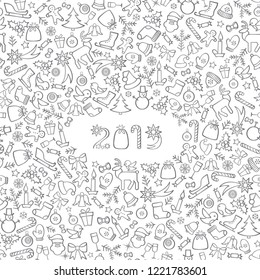 Happy New Year 2019. Snow winter holiday red background. Christmas greeting card with lettering. 