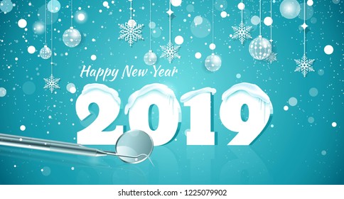 Happy New Year 2019 Snowy Background. Happy Holidays Medical Banner With Snowflakes And Dental Instruments On Blue Sparkling Background.  Vector Illustration.