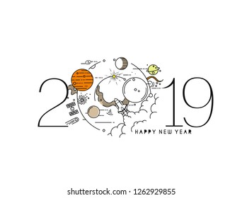 Happy New Year 2019 with Space flight of a space in a minimalist style Illustration.