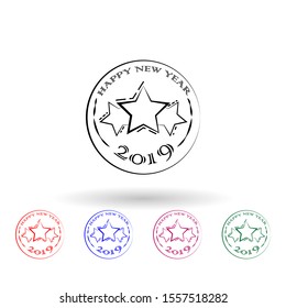 Happy new year 2019 stamp multi color icon. Simple thin line, outline vector of stamp happy new year icons for ui and ux, website or mobile application