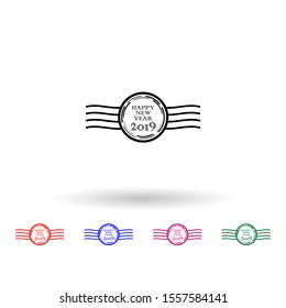Happy new year 2019 stamp multi color icon. Simple thin line, outline vector of stamp happy new year icons for ui and ux, website or mobile application