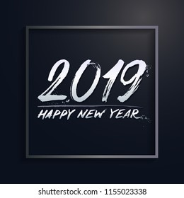 Happy new year 2019. ?rush strokes silver and black colors. Text Design calendar. Freehand drawing. Vector illustration. Isolated on white background