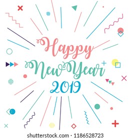 Happy New Year 2019 Sunburst Colorful Text Party Celebration Template in flat colorful style Vector Illustration