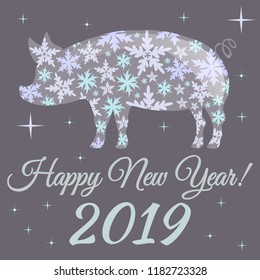 Happy New Year. The new year 2019. The symbol of the year is a pig. Snowflakes, stars. New Year card. Vector illustration.
