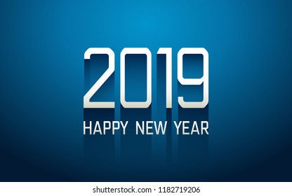 Happy new year 2019 in technology modern text with long drop shadow effect on blue color background