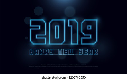 Happy New Year 2019 Technology neon line stroke font and alphabet with bokeh on abstract background. 2019 digital concept. vector illustration